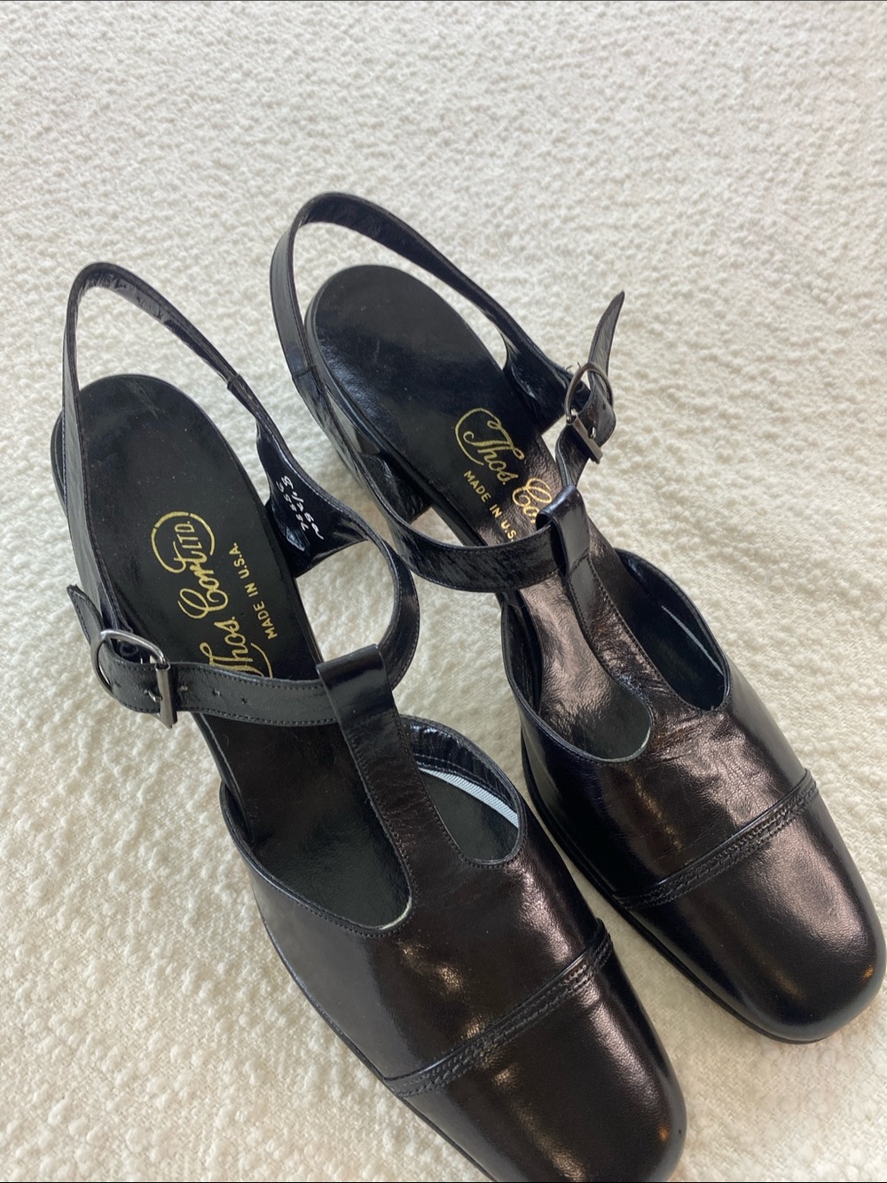 Vintage 1960s Black Leather T Strap Slingback Heels